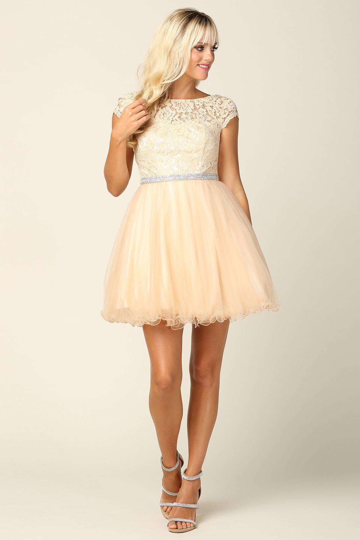 Glamorous white lace tulle mini prom dress with cap sleeves, corset back, and embellished belt