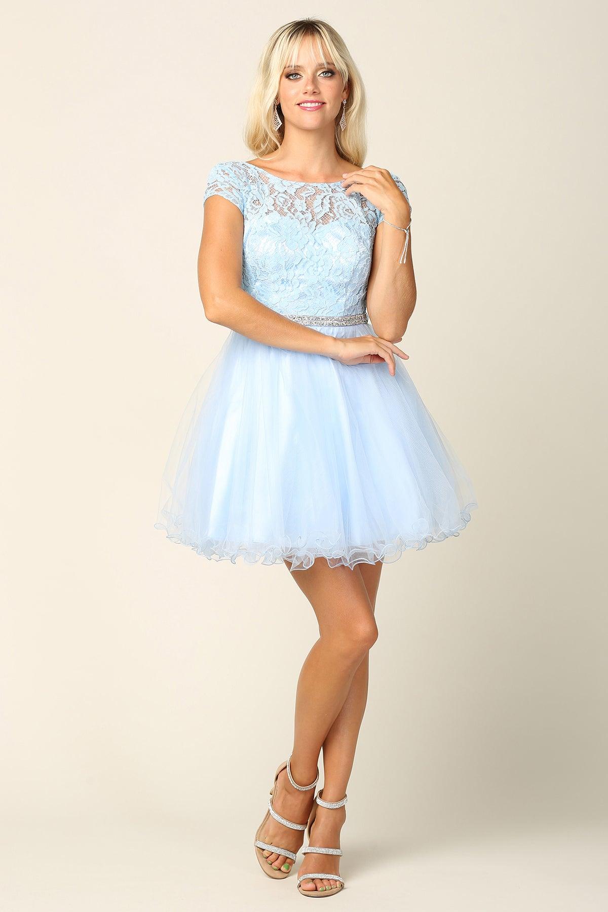 Glamorous cap sleeve lace tulle mini prom dress with corset back and belt for teens