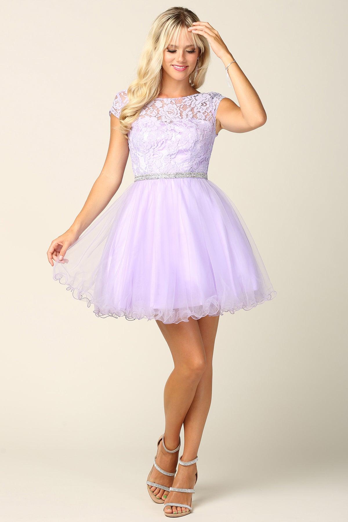 Glamorous white lace tulle mini prom dress with cap sleeves, corset back, and embellished belt