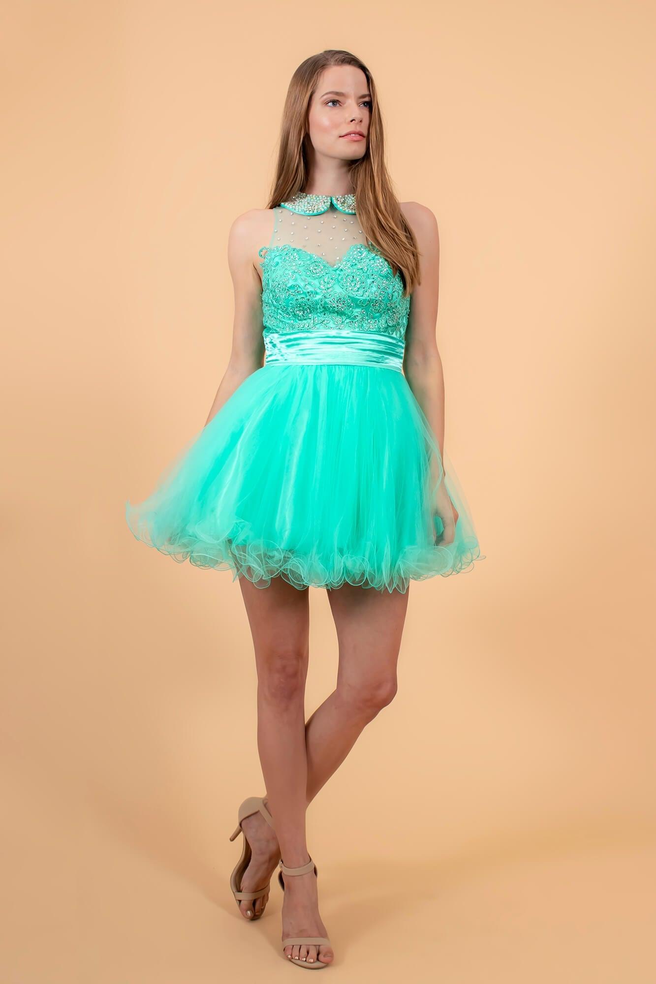 Elegant ivory A-line tulle prom dress with beaded illusion neckline and lace embroidery bodice