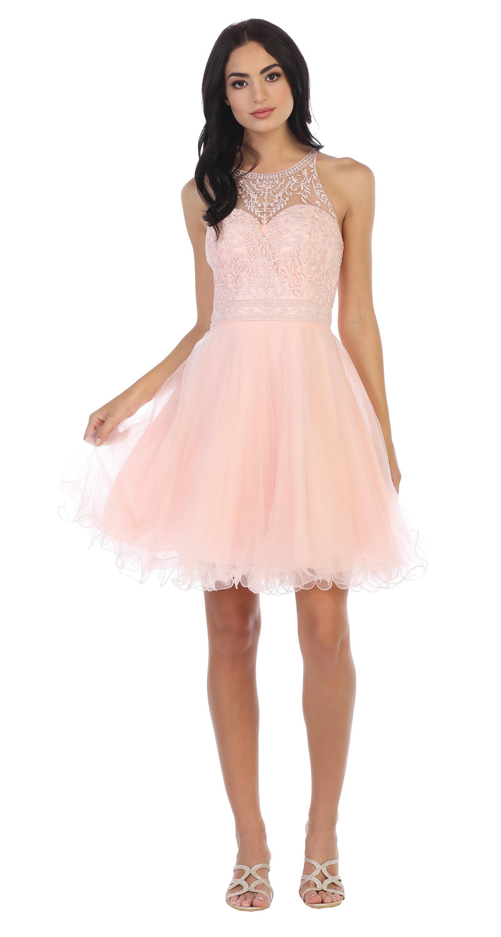 Ivory tulle halter graduation dress with delicate embroidery and corset back for prom teens
