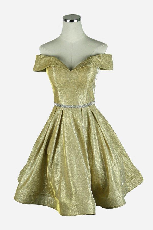 Metallic off-shoulder short A-line prom dress with bead embellished waistband and sparkle finish
