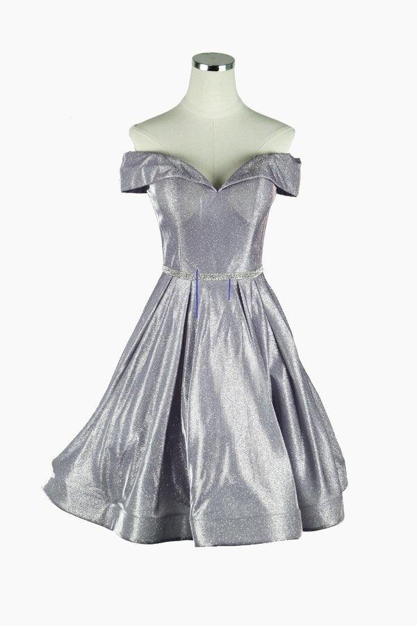 Metallic silver off-shoulder short A-line prom dress with bead embellished waistband and sparkle finish