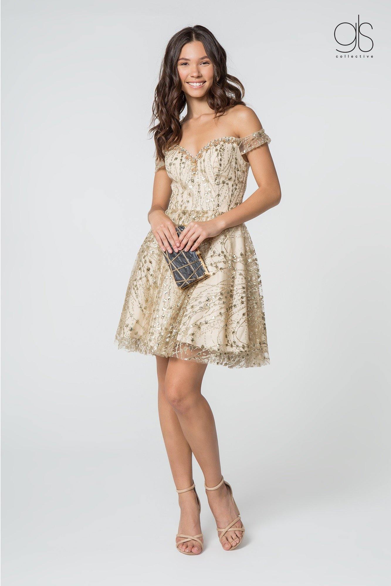 Short off-shoulder glitter A-line mini dress with sweetheart neckline and jewel embellishments