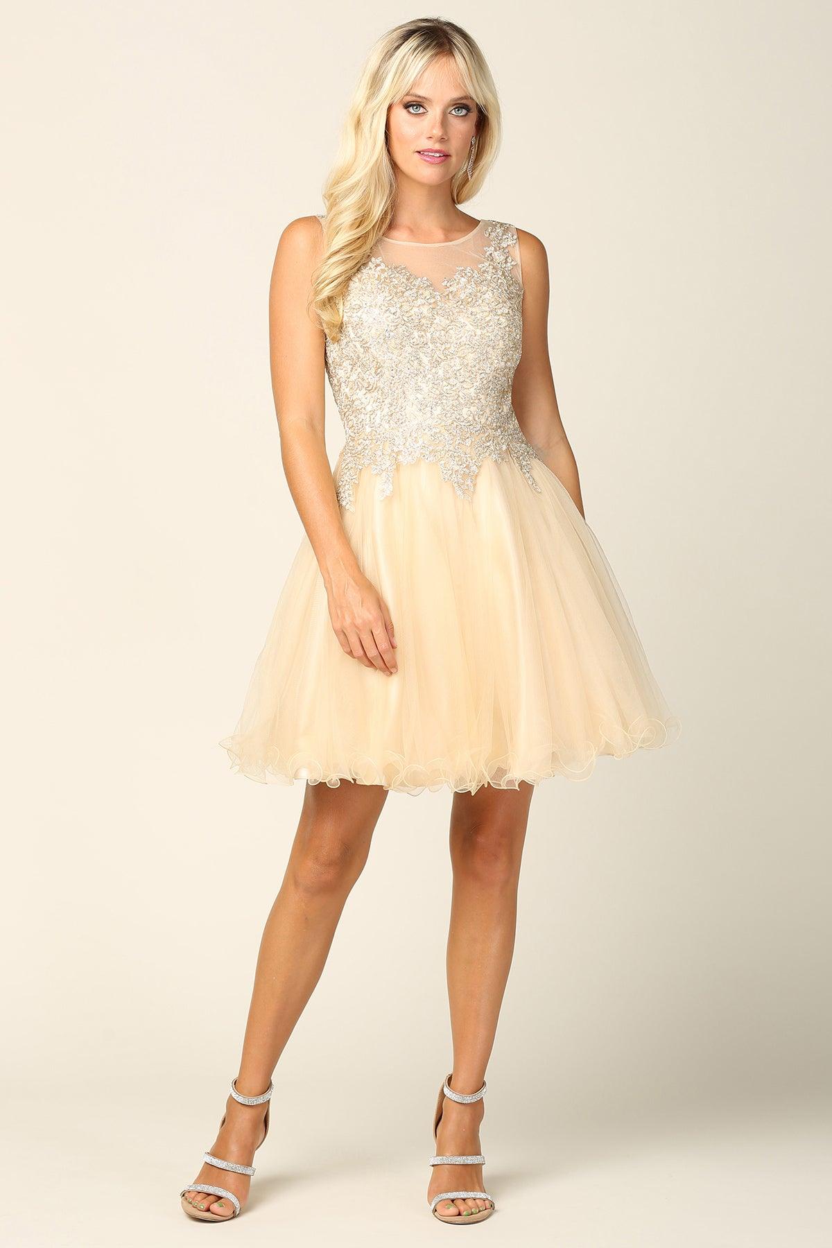 Short sleeveless ivory prom mini dress with embroidered lace corset bodice and layered tulle skirt