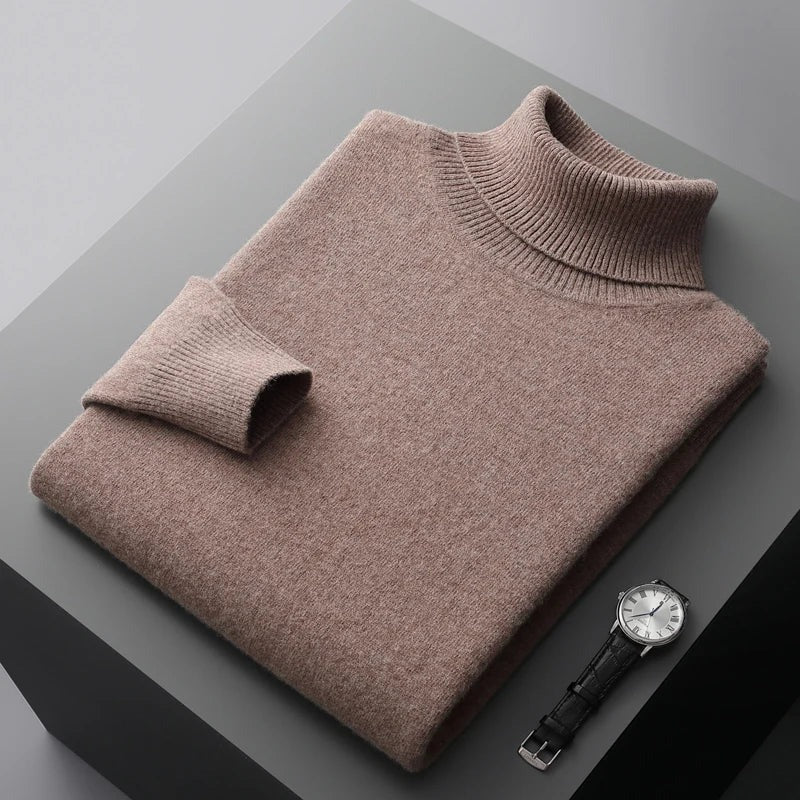 Men's merino wool turtleneck sweater regular fit ribbed hip-length design in neutral tone