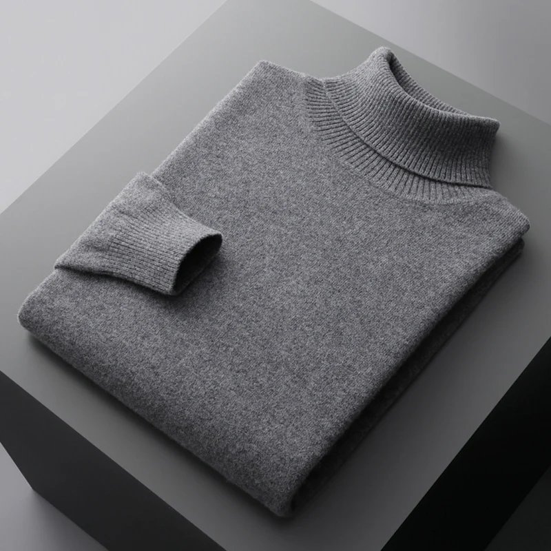 Men's merino wool turtleneck sweater regular fit ribbed hip-length design in neutral tone