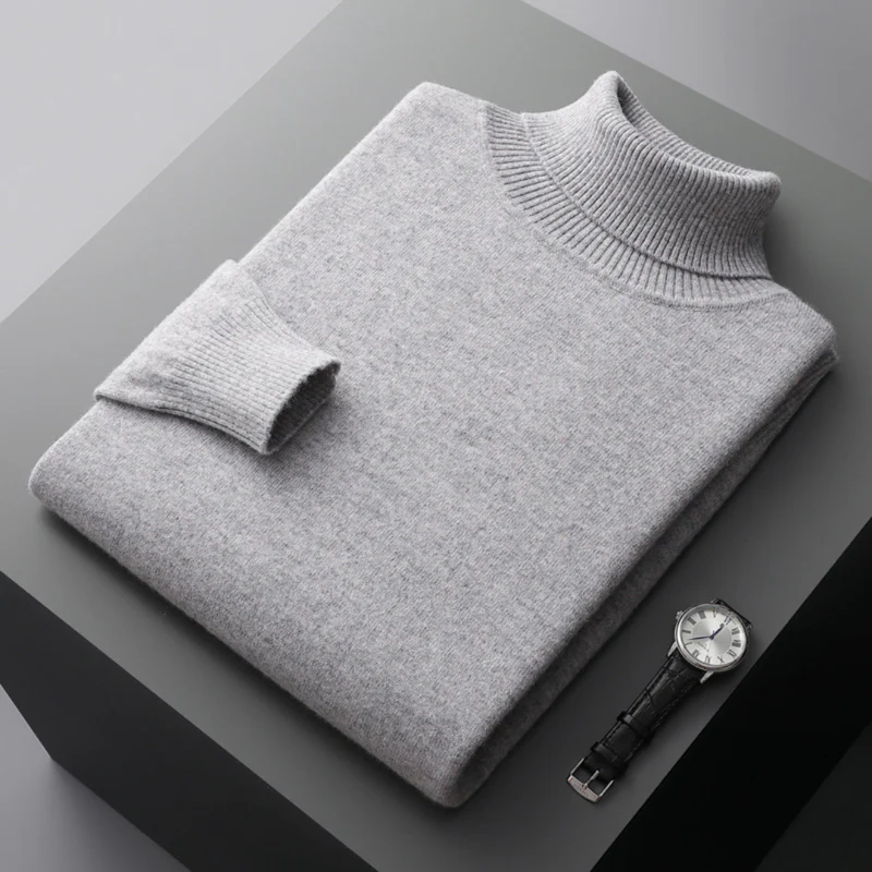 Men's merino wool turtleneck sweater regular fit ribbed hip-length design in classic neutral tone