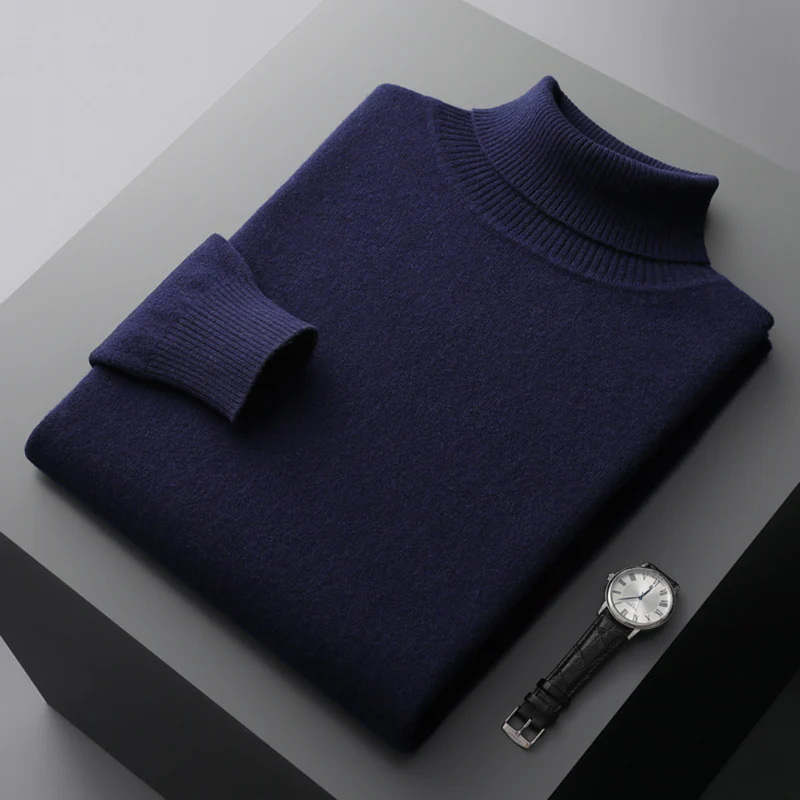 Men's merino wool turtleneck sweater regular fit ribbed hip-length design in neutral tone