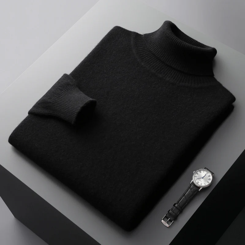 Men's merino wool turtleneck sweater regular fit ribbed hip-length design in classic neutral tone