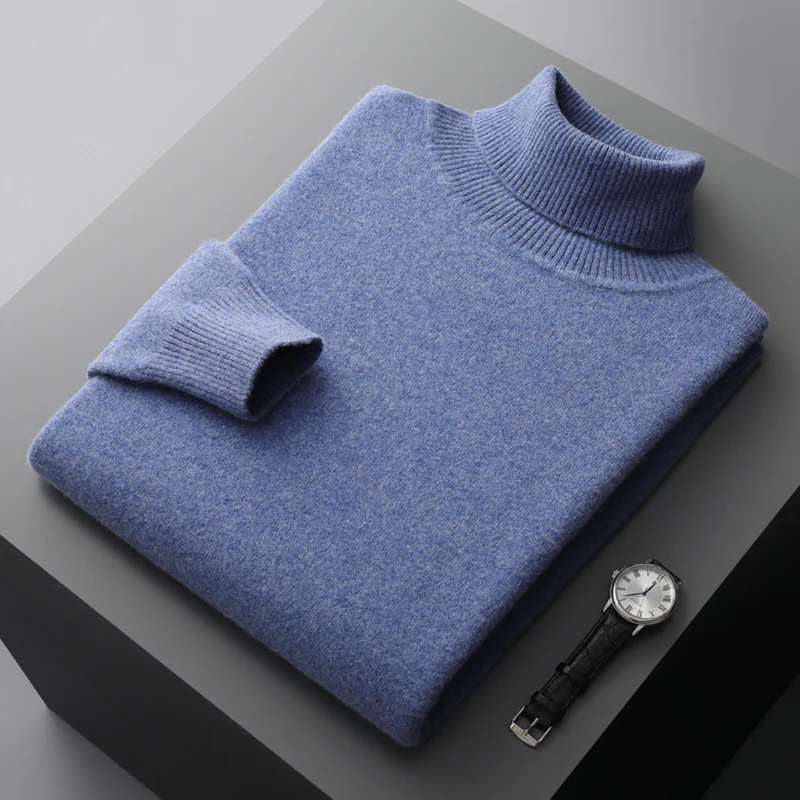 Men's charcoal merino wool turtleneck sweater regular fit ribbed hip-length knit