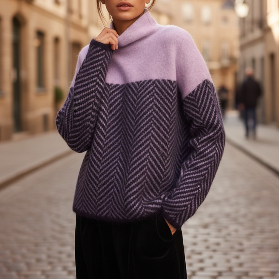 Women's zigzag knit turtleneck sweater, relaxed fit with textured pattern for cozy elegant style