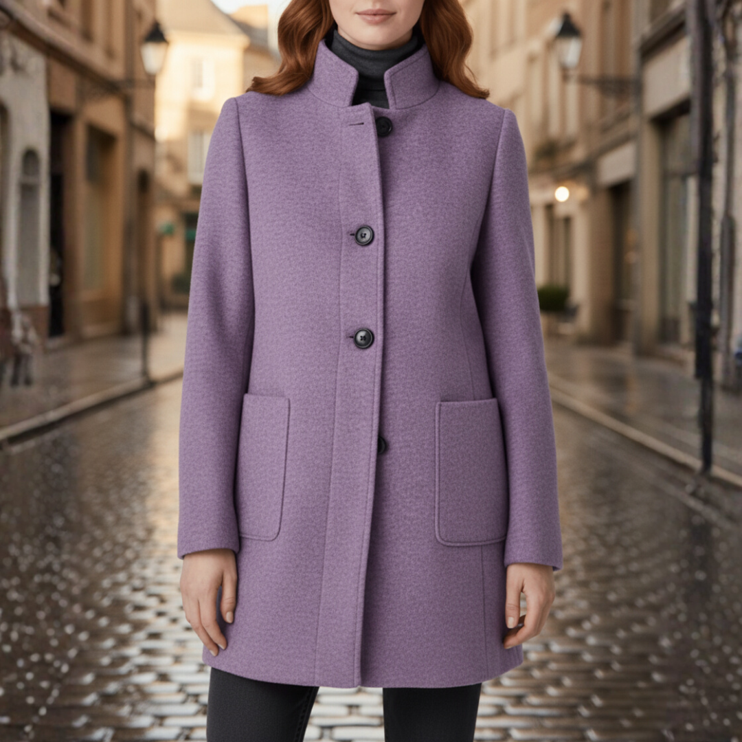 Women's polyester winter coat with black buttons, side pockets, versatile silhouette for casual or formal wear