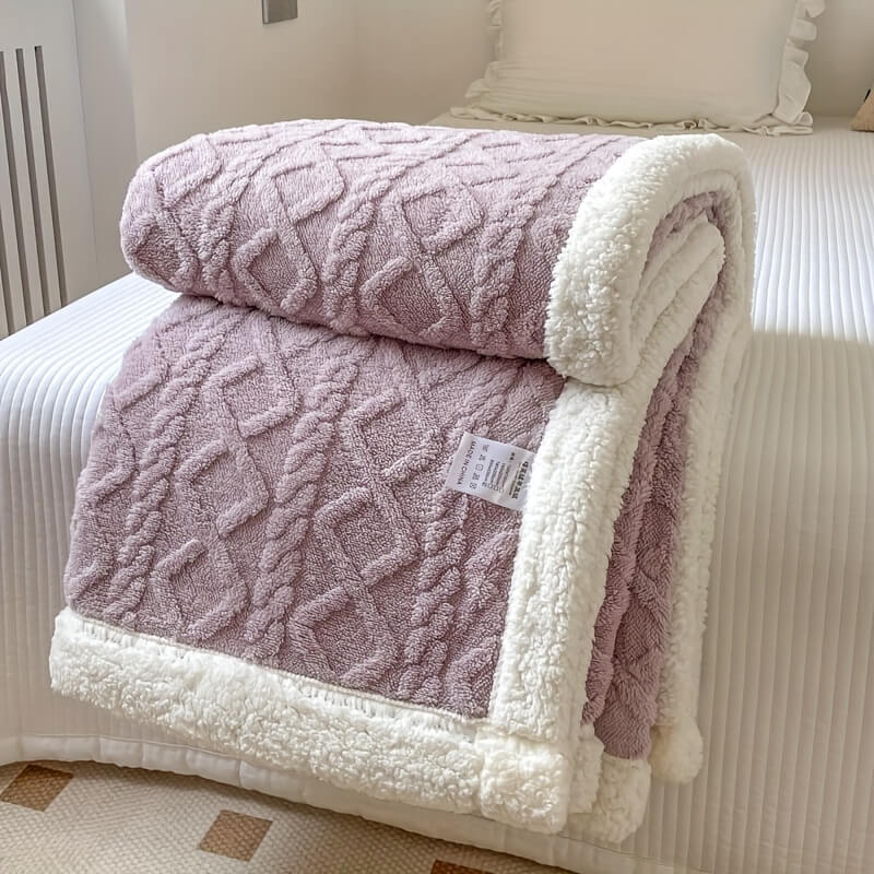 Ivory sherpa throw blanket with diamond texture, dual-sided fleece design for cozy modern home decor