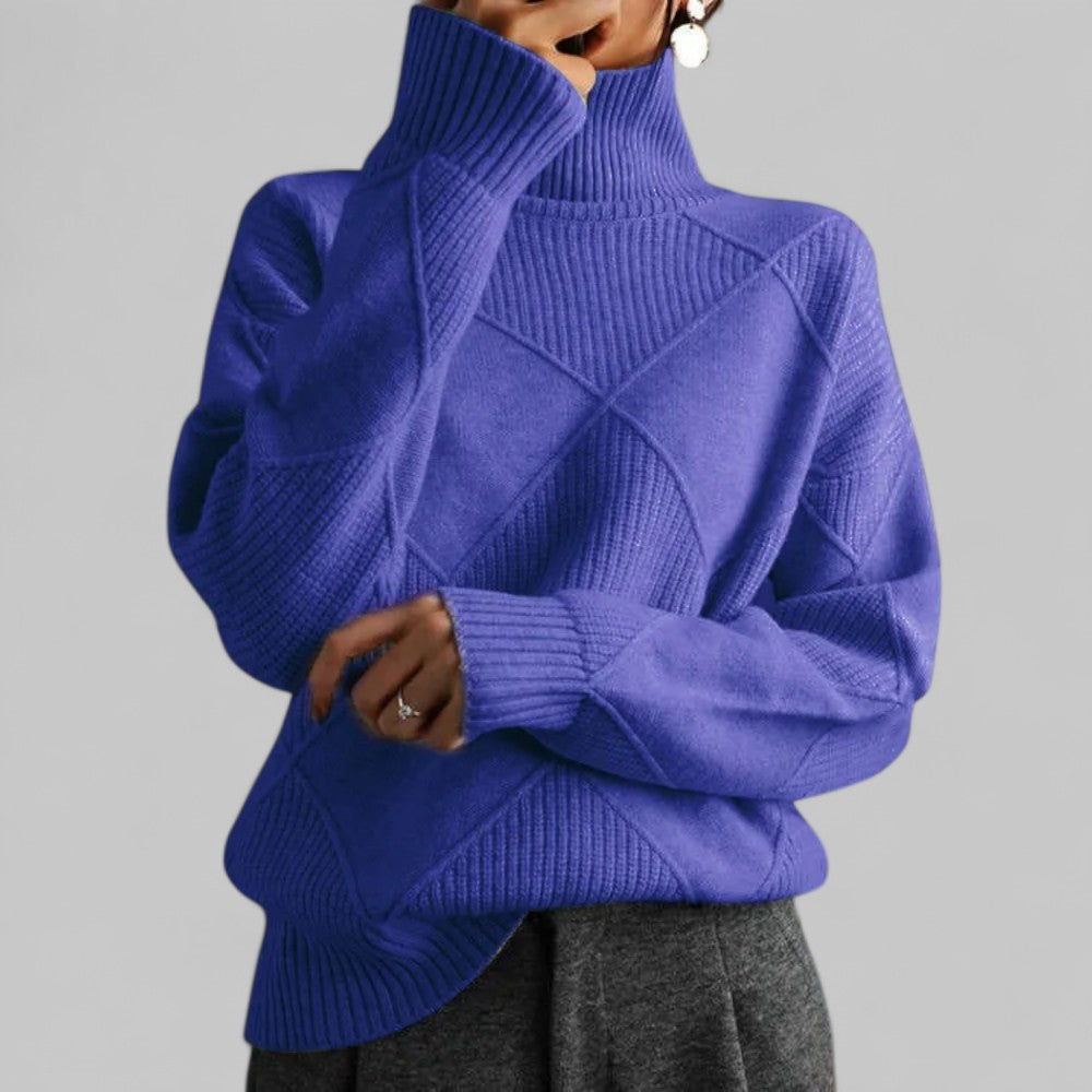 Violet women's turtleneck sweater with diamond-knit pattern, cozy winter style in rich purple hue