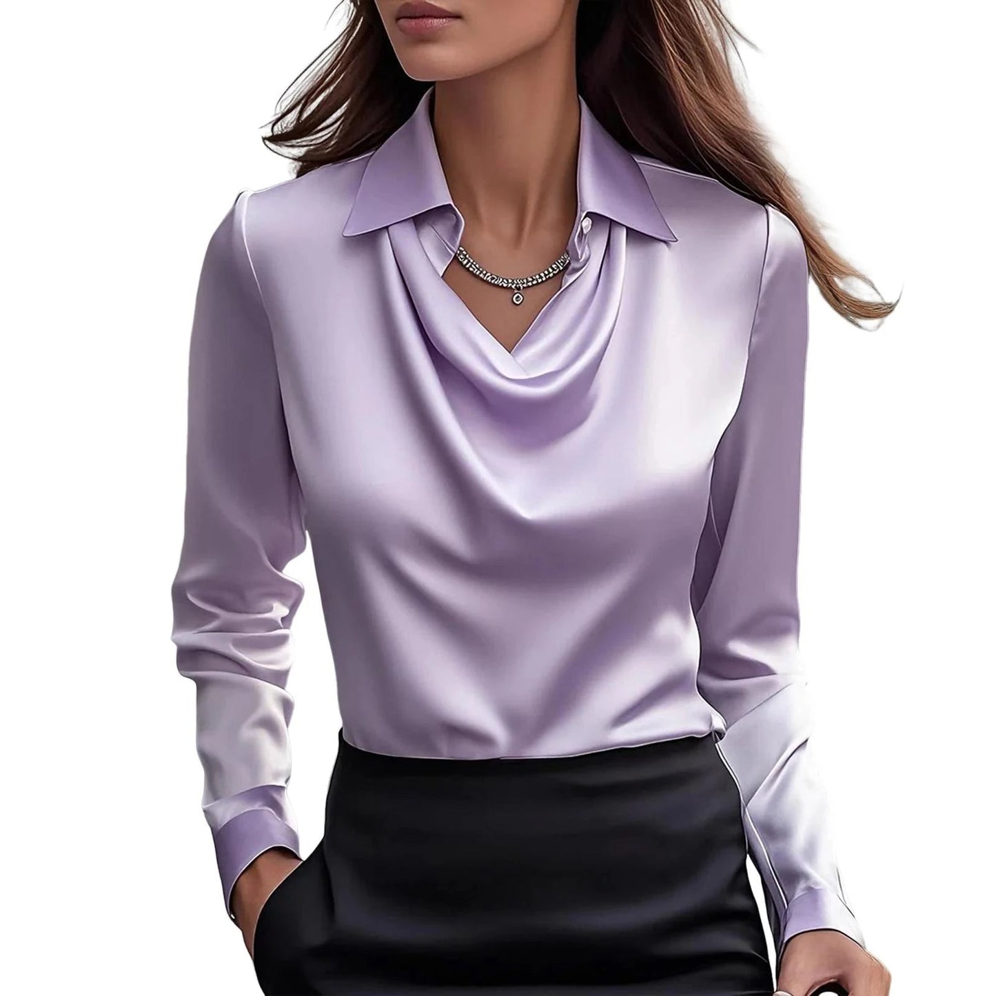Ivory satin blouse silk-cotton blend sculpted cowl neckline office-to-evening professional style
