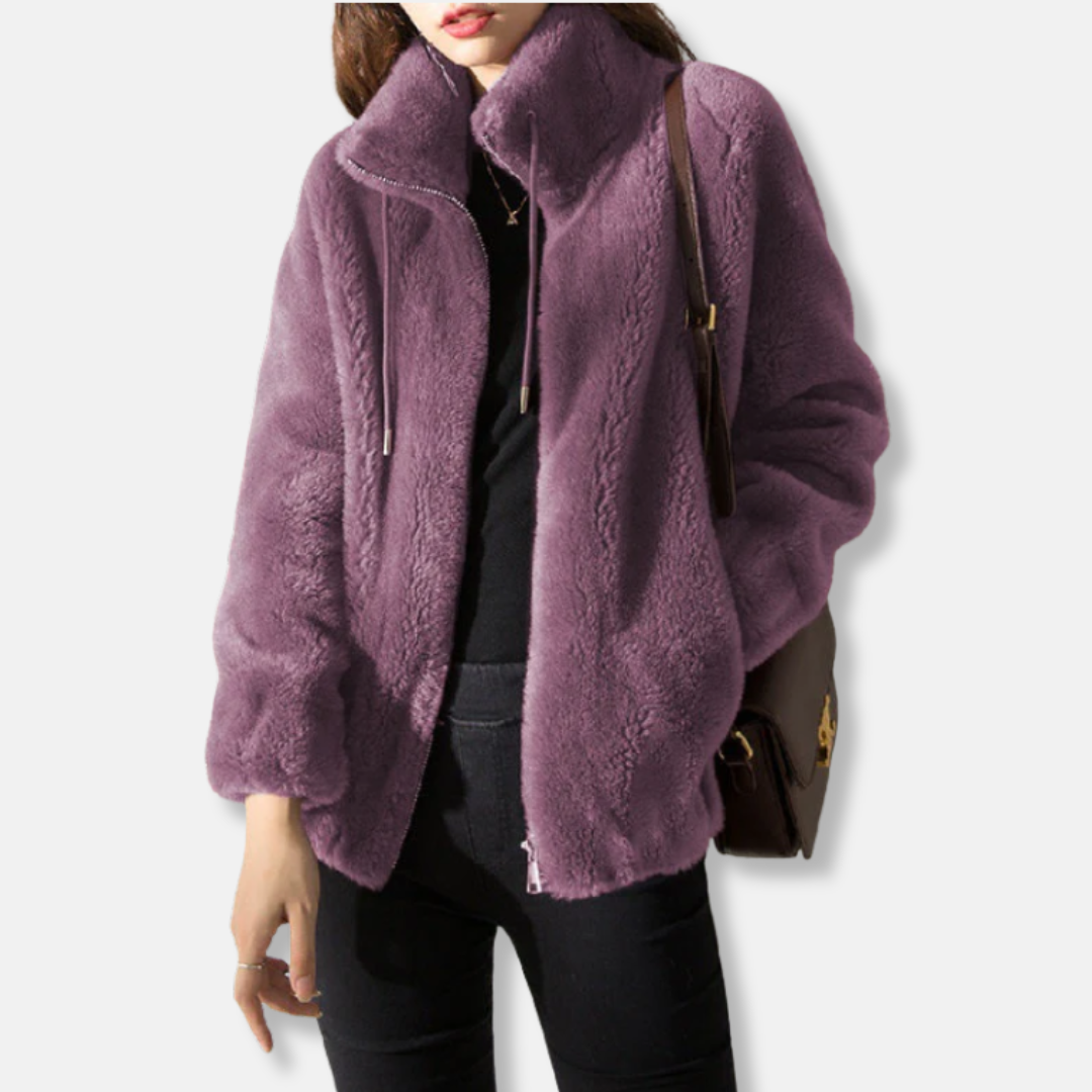 Women's cozy fleece jacket relaxed fit stand collar full zip elastic hem lightweight layering essential