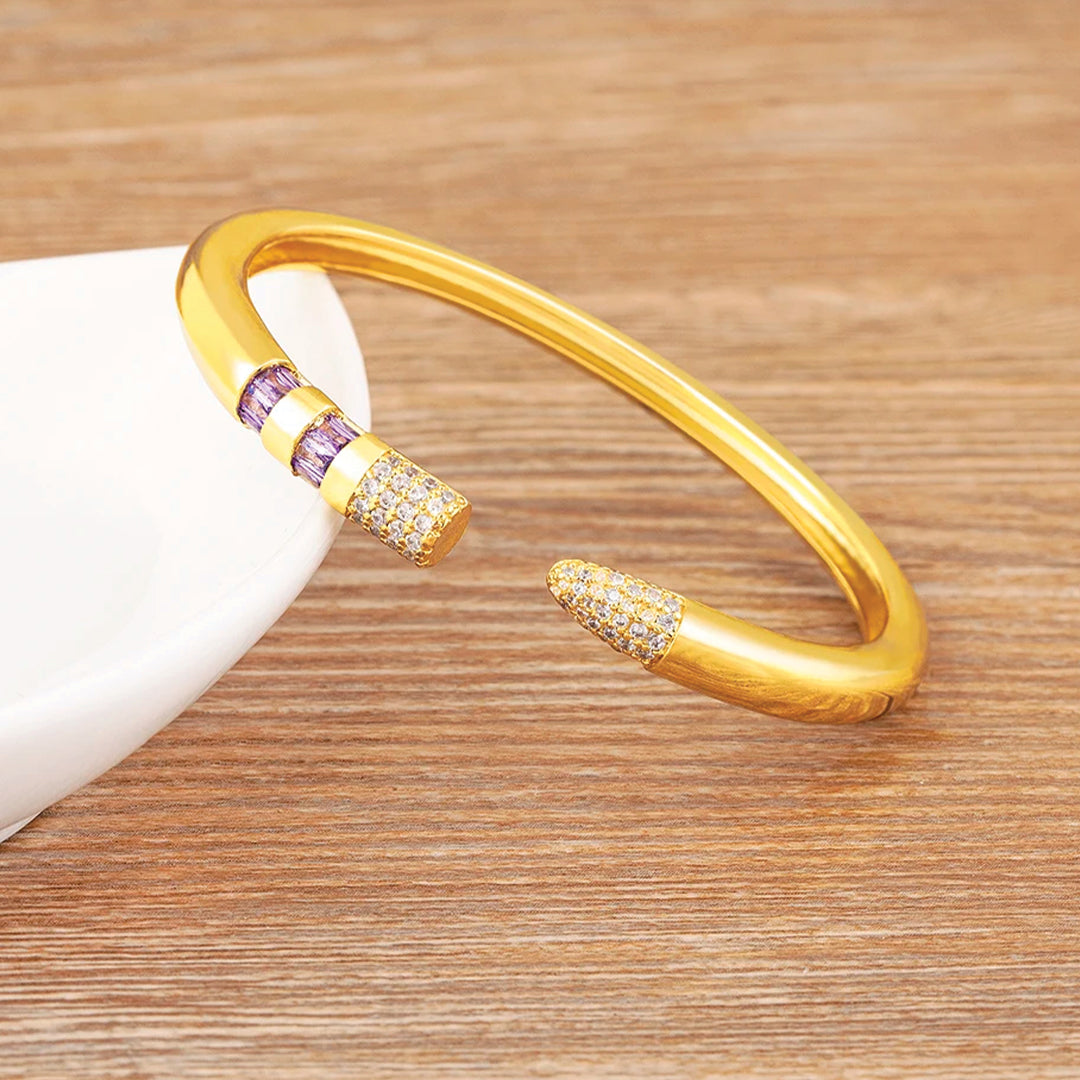 Gold plated pencil cuff bracelet with cubic zirconia inlays adjustable unisex minimalist bangle