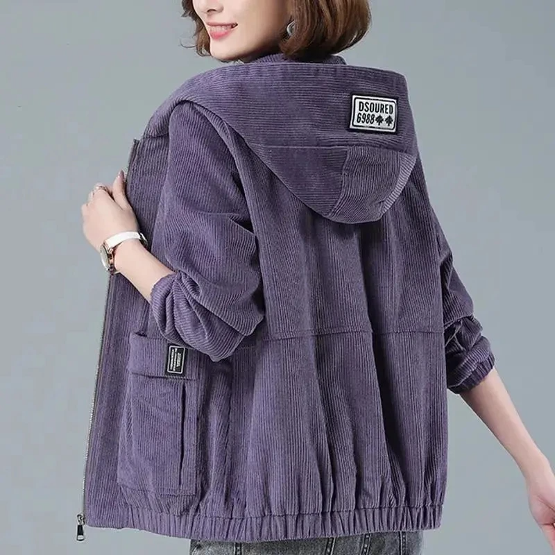 Women's hooded corduroy jacket relaxed fit soft-touch lightweight layer in neutral tone