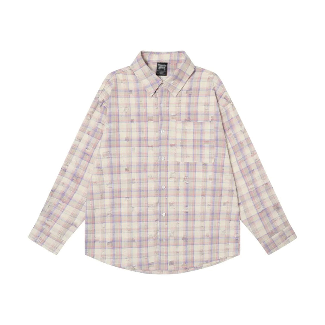 Men's distressed plaid shirt relaxed fit breathable cotton with intentional rip accents