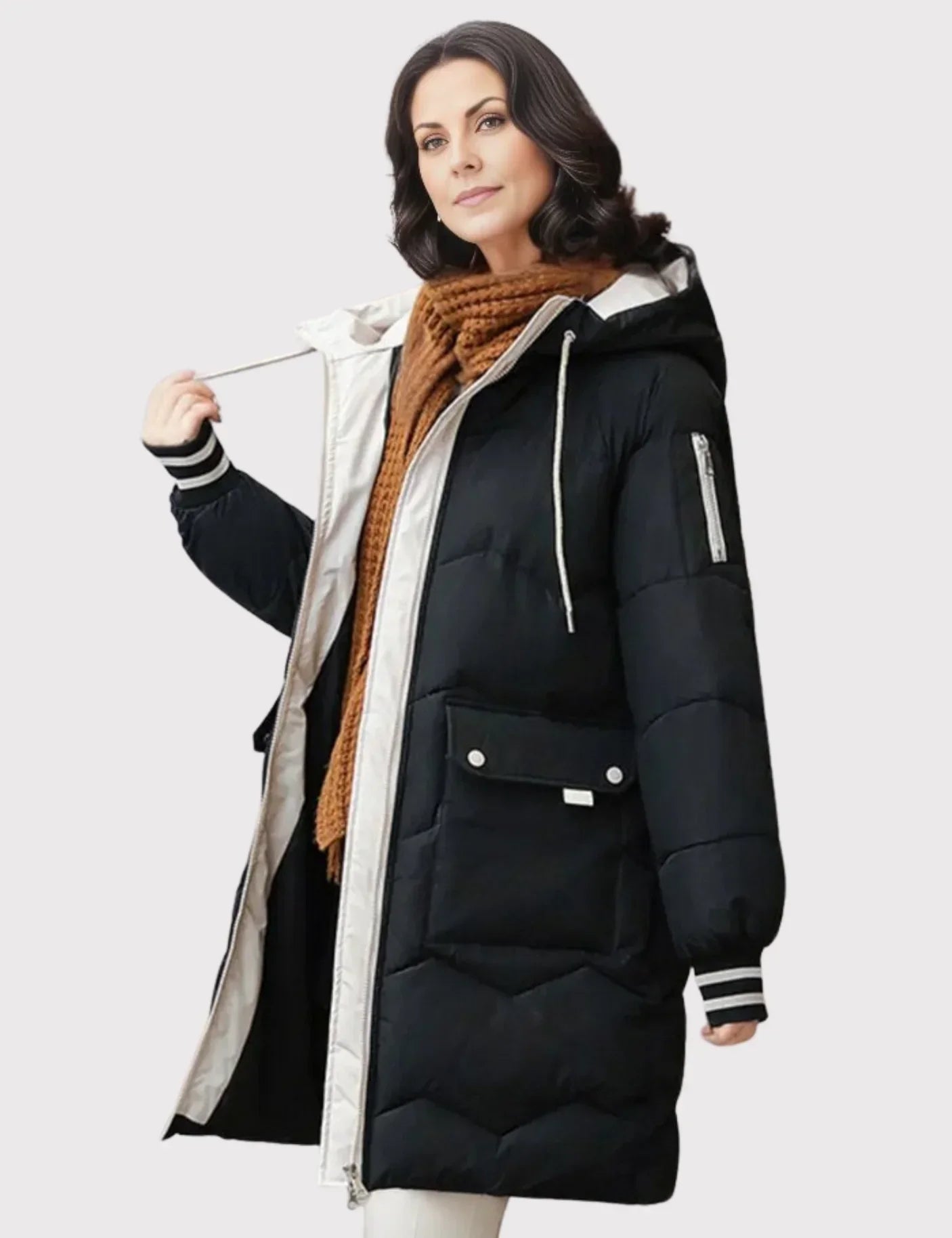 Women's long hooded puffer jacket full-zip silhouette with spacious pockets for cold-weather city style