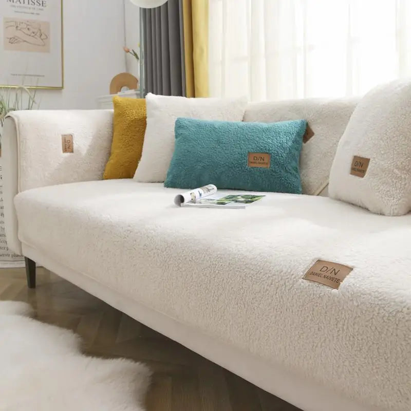 Sherpa fleece sofa cover cozy plush beige non-slip backing family living room protection