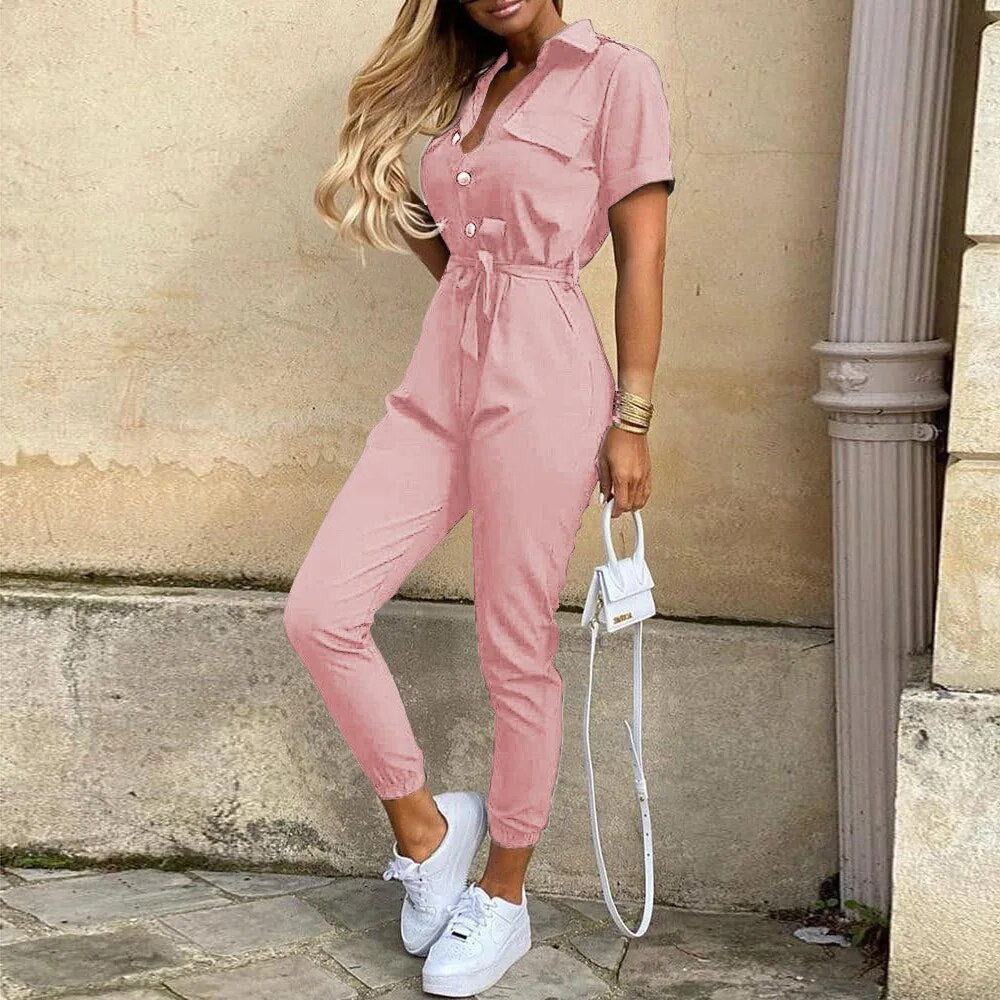 Women's utility jumpsuit with button closure and waist tie, versatile one-piece for casual chic style