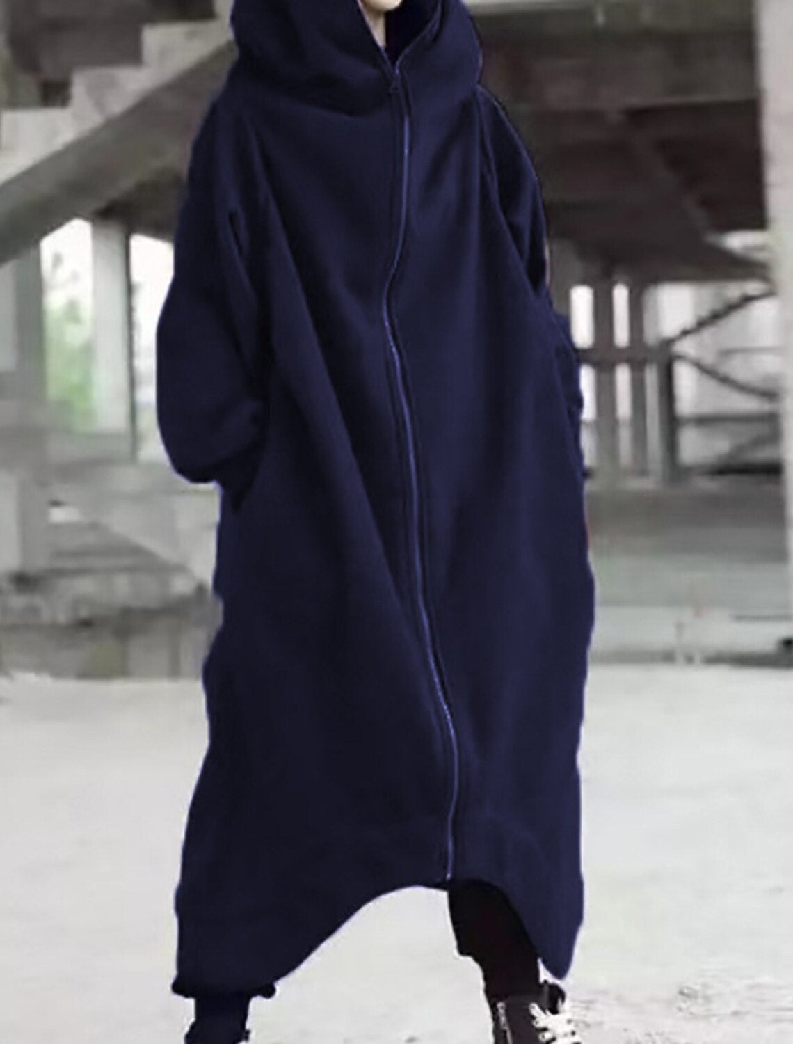 Women's elegant long hooded coat calf-length silhouette urban winter outerwear refined style
