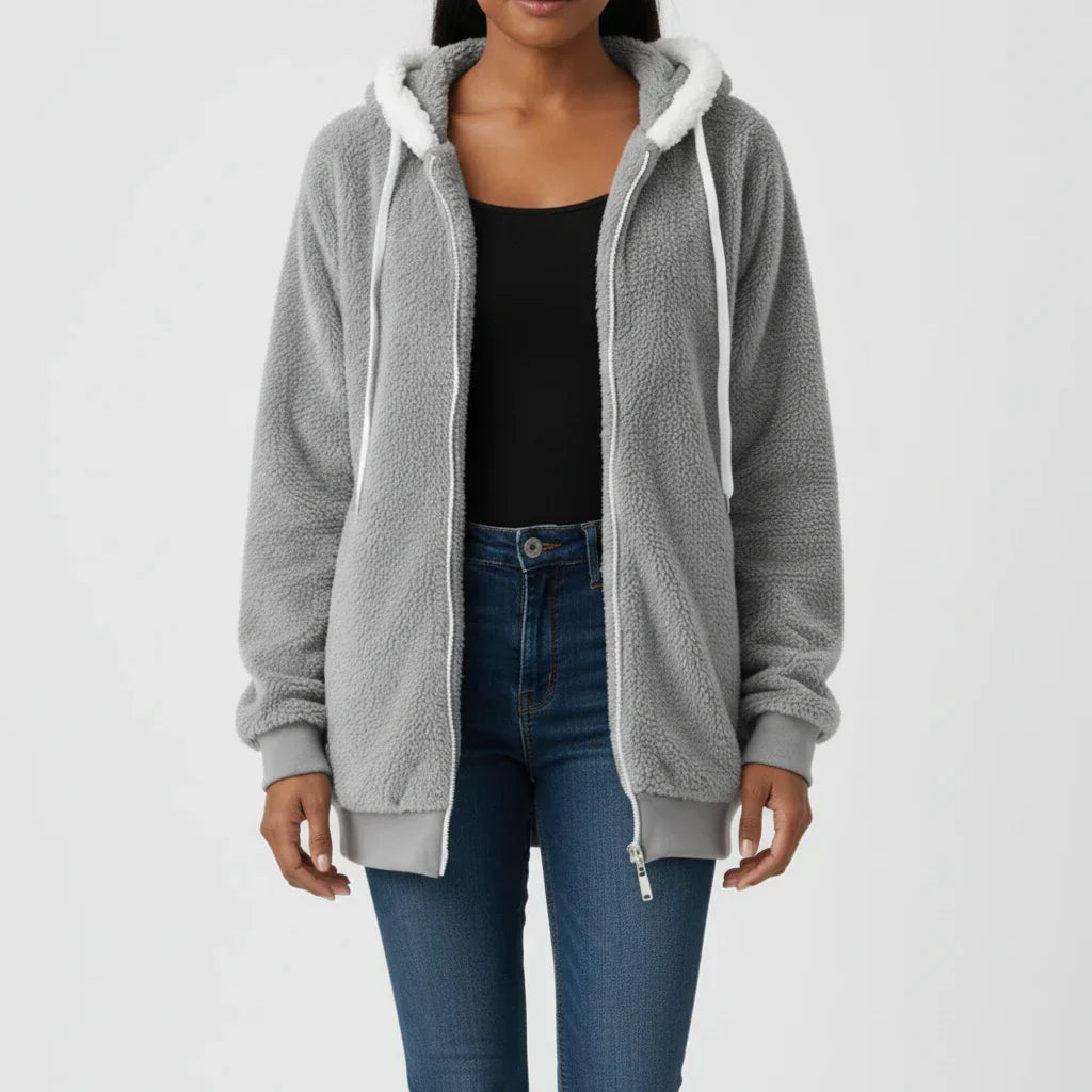 Women's sherpa lined hooded zip-up sweater relaxed mid-length silhouette for cozy layering