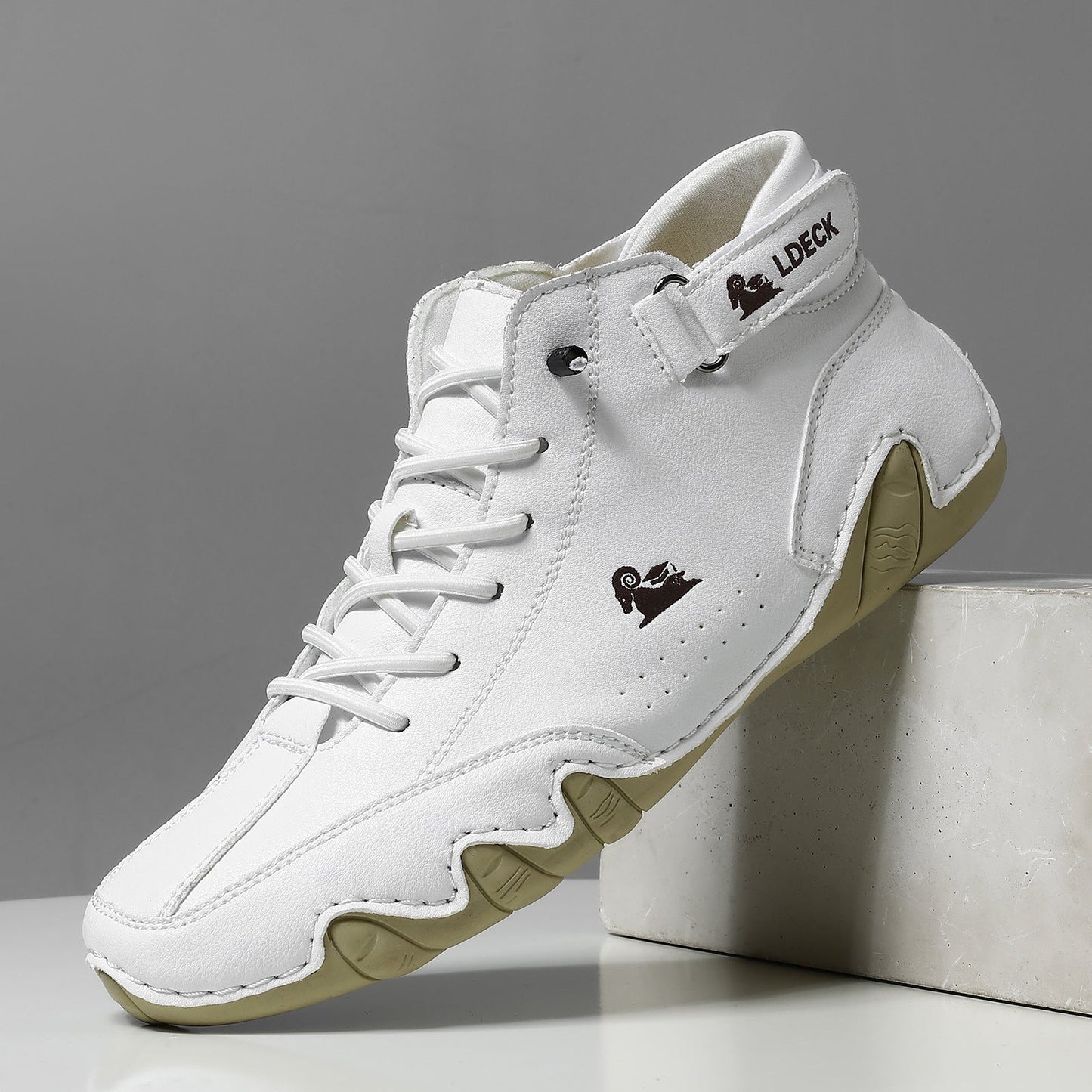 Men's high top premium leather sneakers white lace-up velcro dual closure urban style