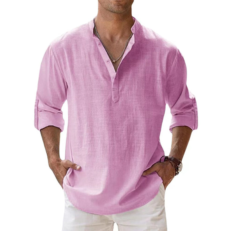 Men's light beige linen Henley shirt relaxed fit breathable lightweight spring summer elegant style