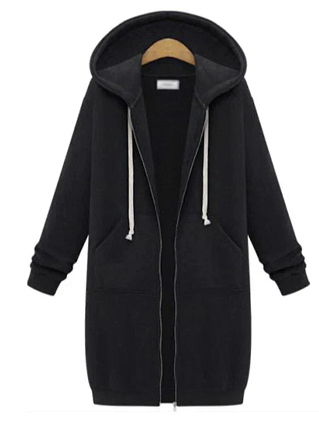 Women's knee-length zip-up hoodie in cozy chic style with elongated silhouette and front zipper