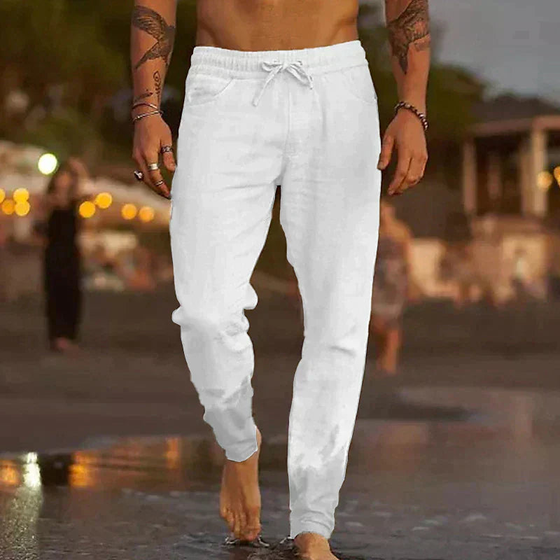 Maiko men's beige linen trousers relaxed casual fit breathable fabric for all-day comfort