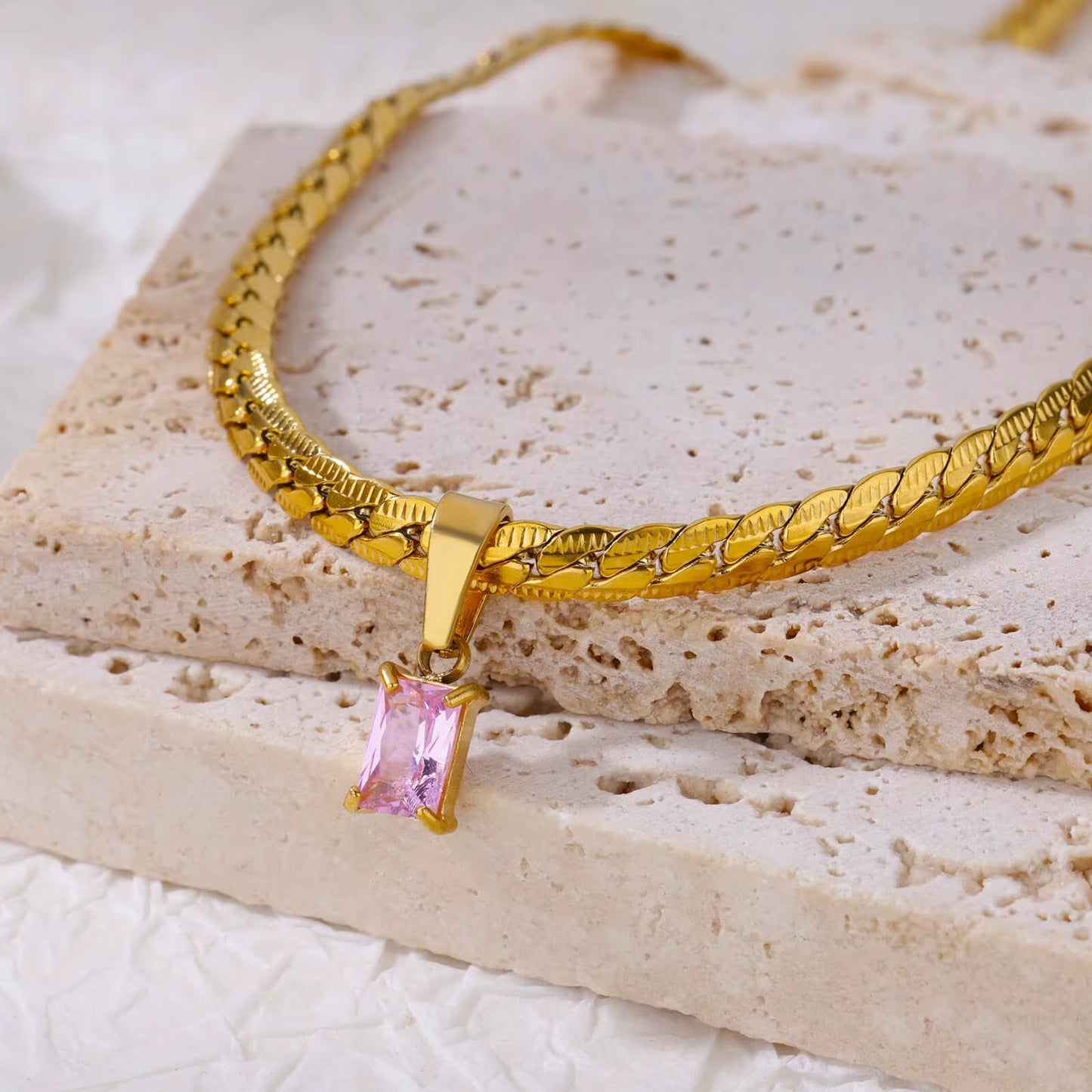 Emerald-cut zircon necklace set women adjustable herringbone chain stainless steel high-shine finish