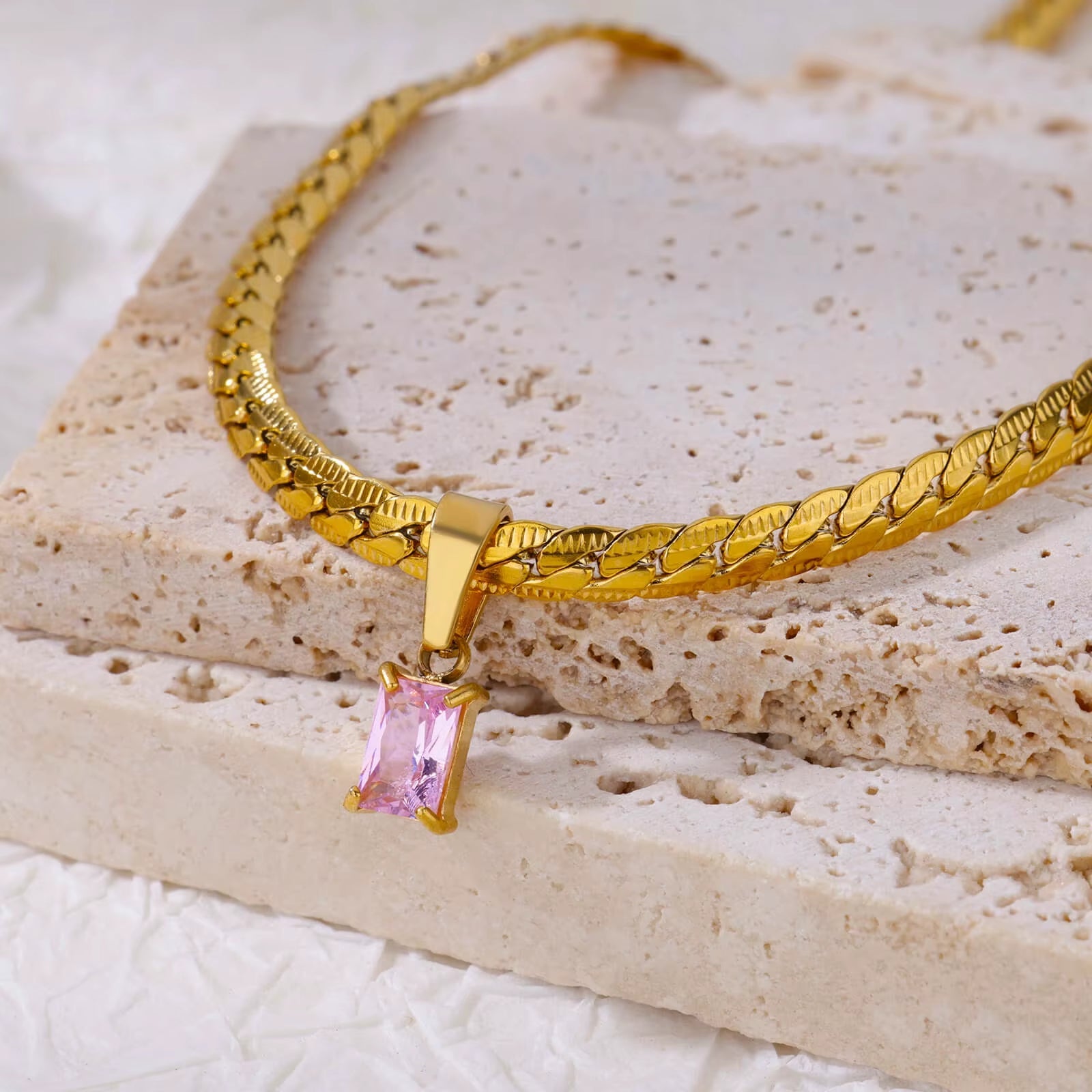 Emerald-cut zircon necklace set women adjustable herringbone chain stainless steel high-shine finish