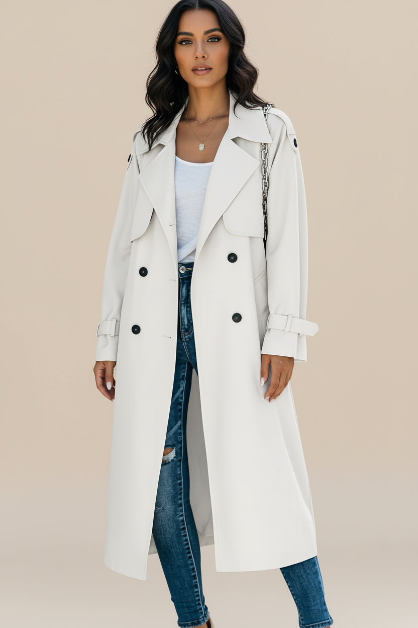 Women's double-breasted long trench coat timeless structured silhouette with classic button front