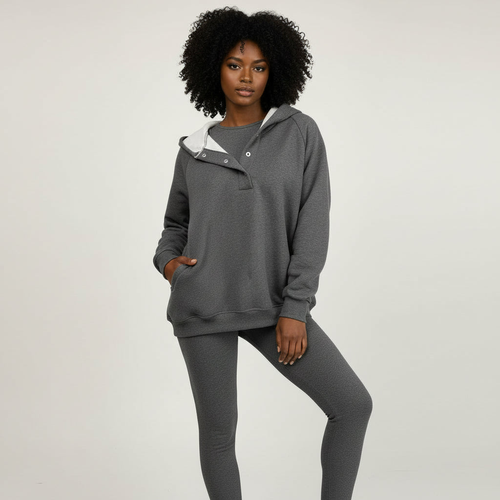 Women's gray hooded sweatshirt legging set with button detail and kangaroo pocket cozy loungewear