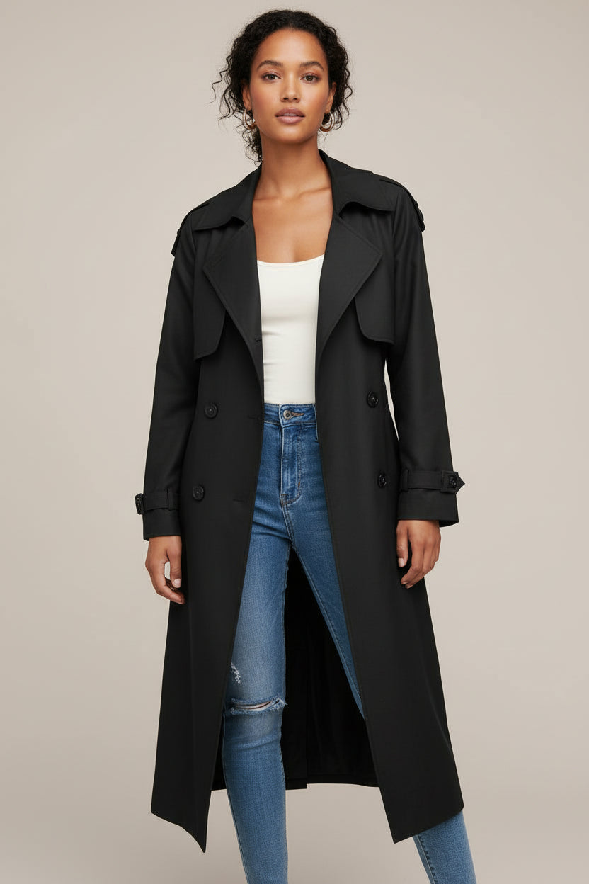 Women's double-breasted long trench coat timeless structured silhouette with classic button front