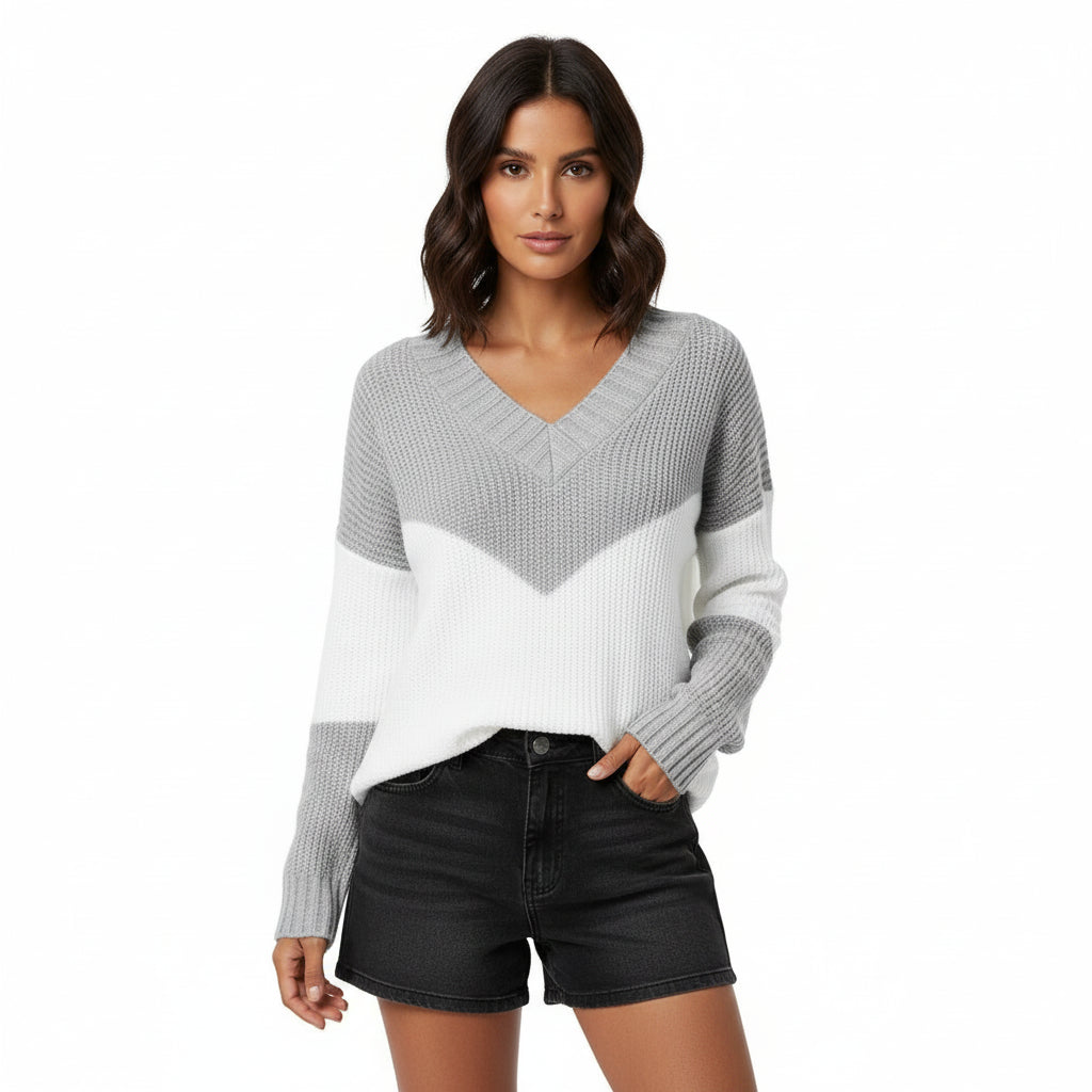 Women's color block V-neck sweater relaxed fit chevron ribbed trim knit pullover multicolor casual chic