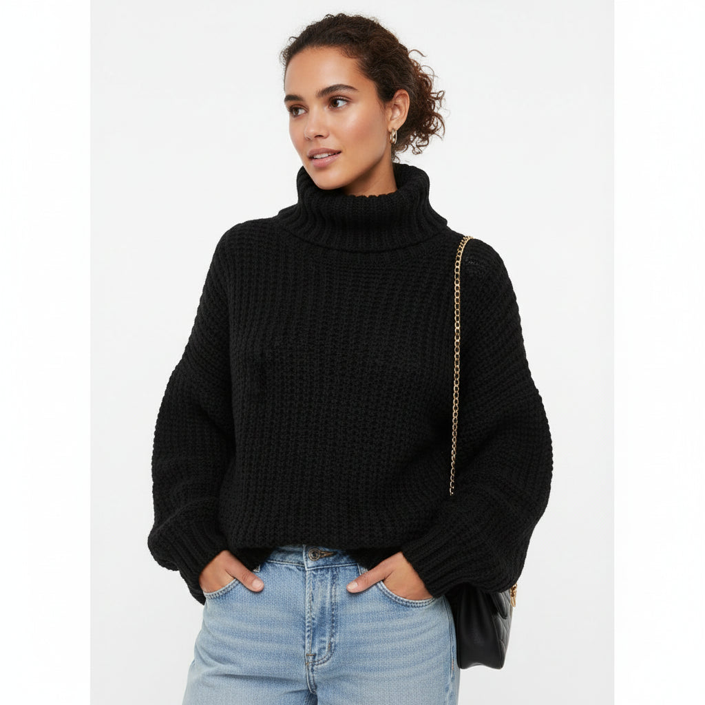Women's oversized chunky knit sweater in neutral tone, relaxed silhouette with thick textured fabric