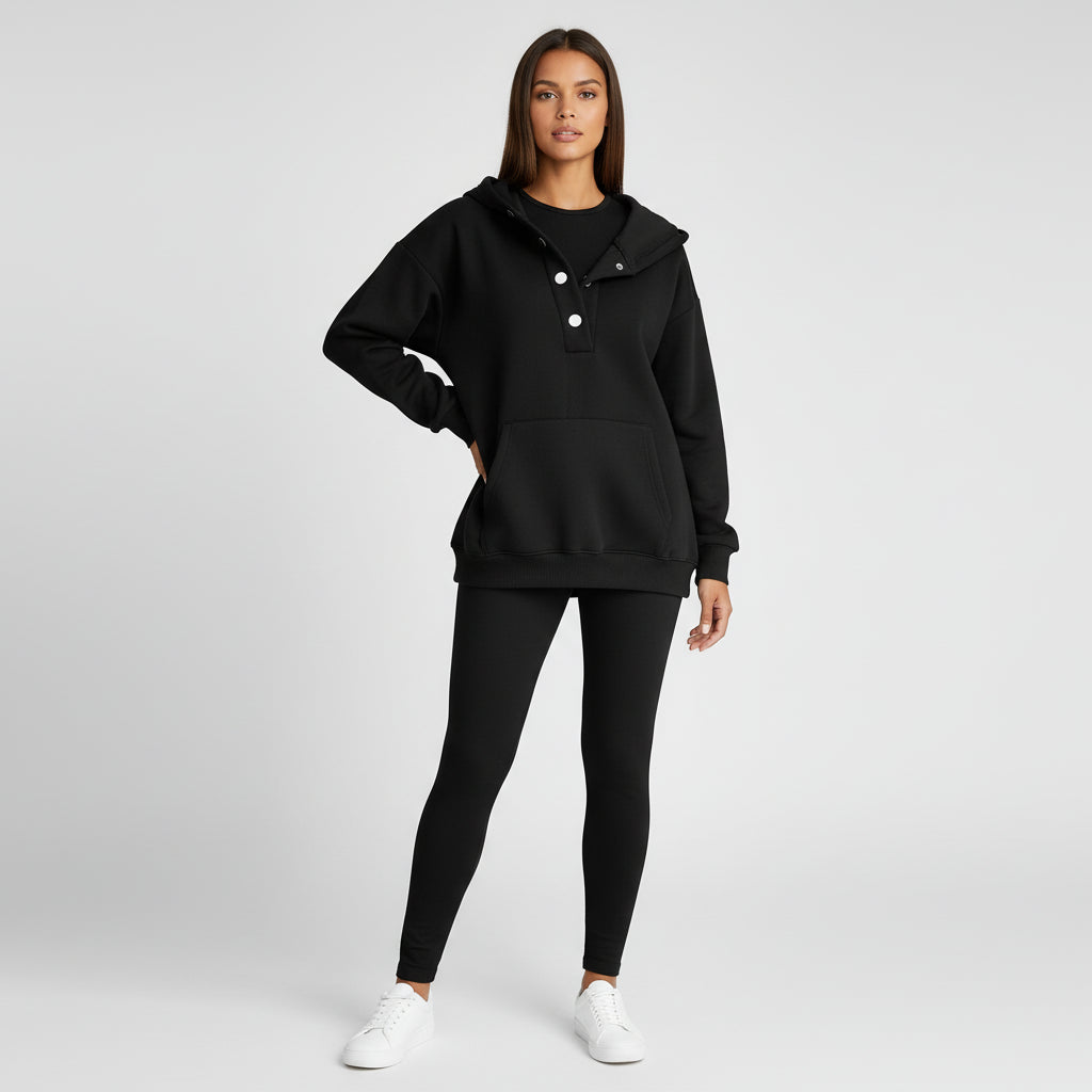 Women's gray hooded sweatshirt legging set with button detail and kangaroo pocket cozy loungewear
