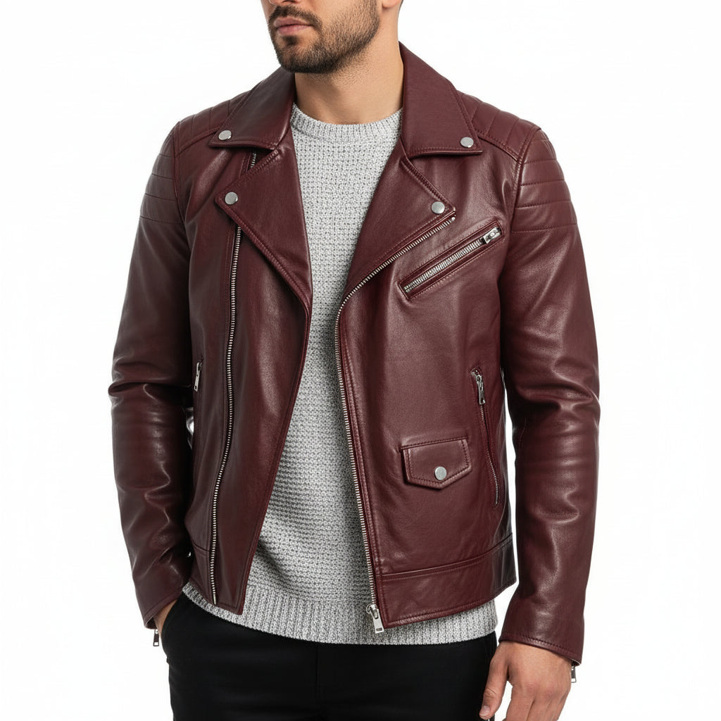 Men's black zip-up leather jacket sleek silhouette structured fit versatile winter style
