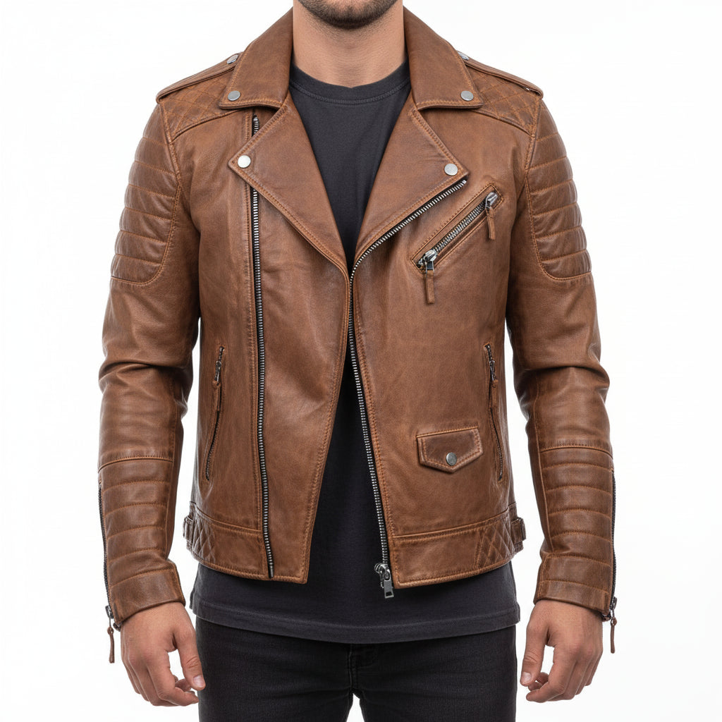 Men's black leather biker jacket asymmetrical zip quilted shoulders slim modern fit