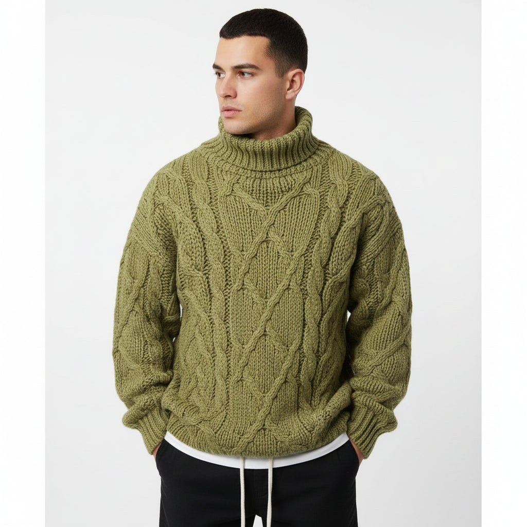Men's cream cable knit turtleneck sweater relaxed fit with textured weave winter essential
