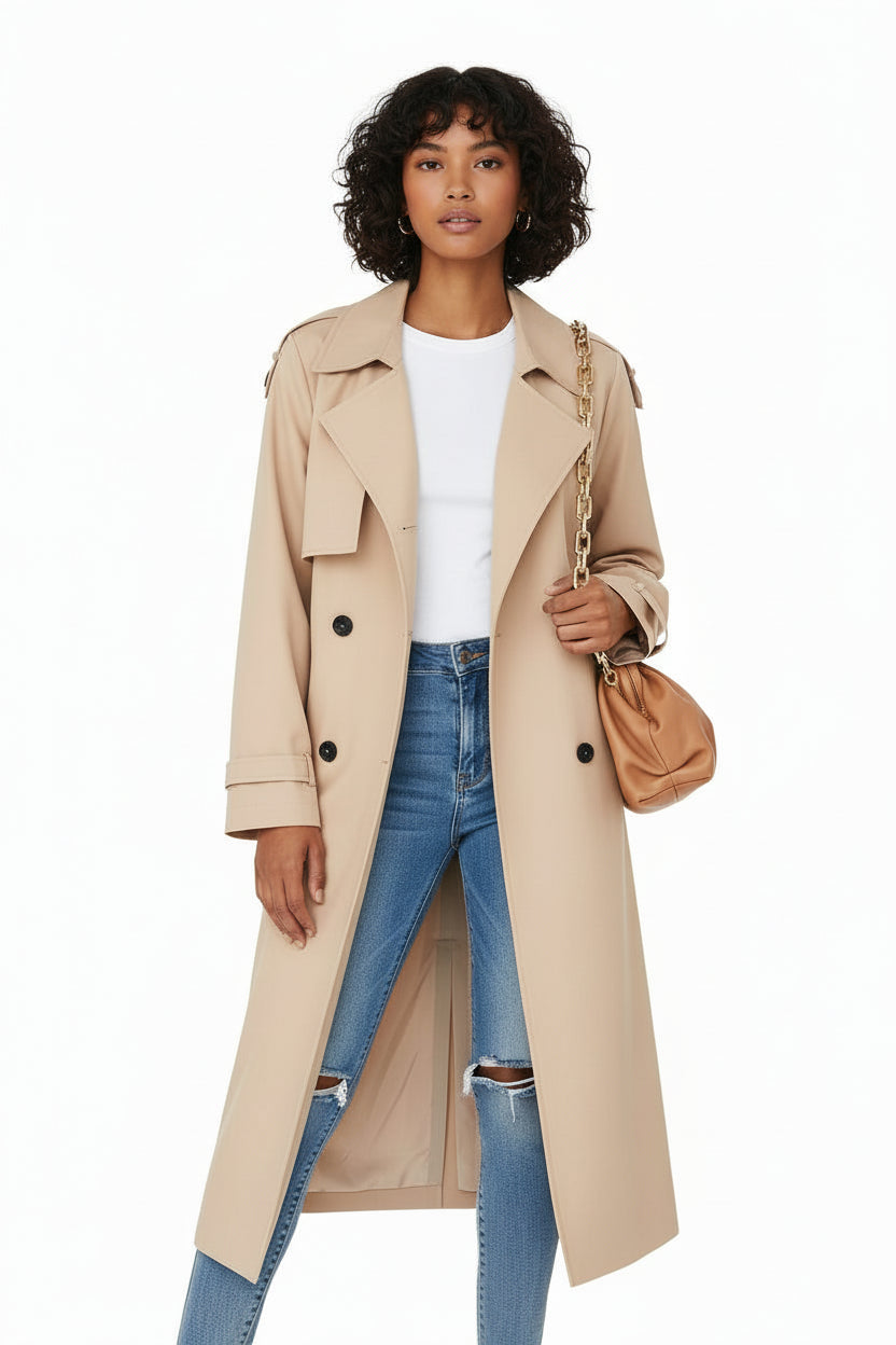 Women's double-breasted long trench coat timeless structured silhouette with classic front buttons