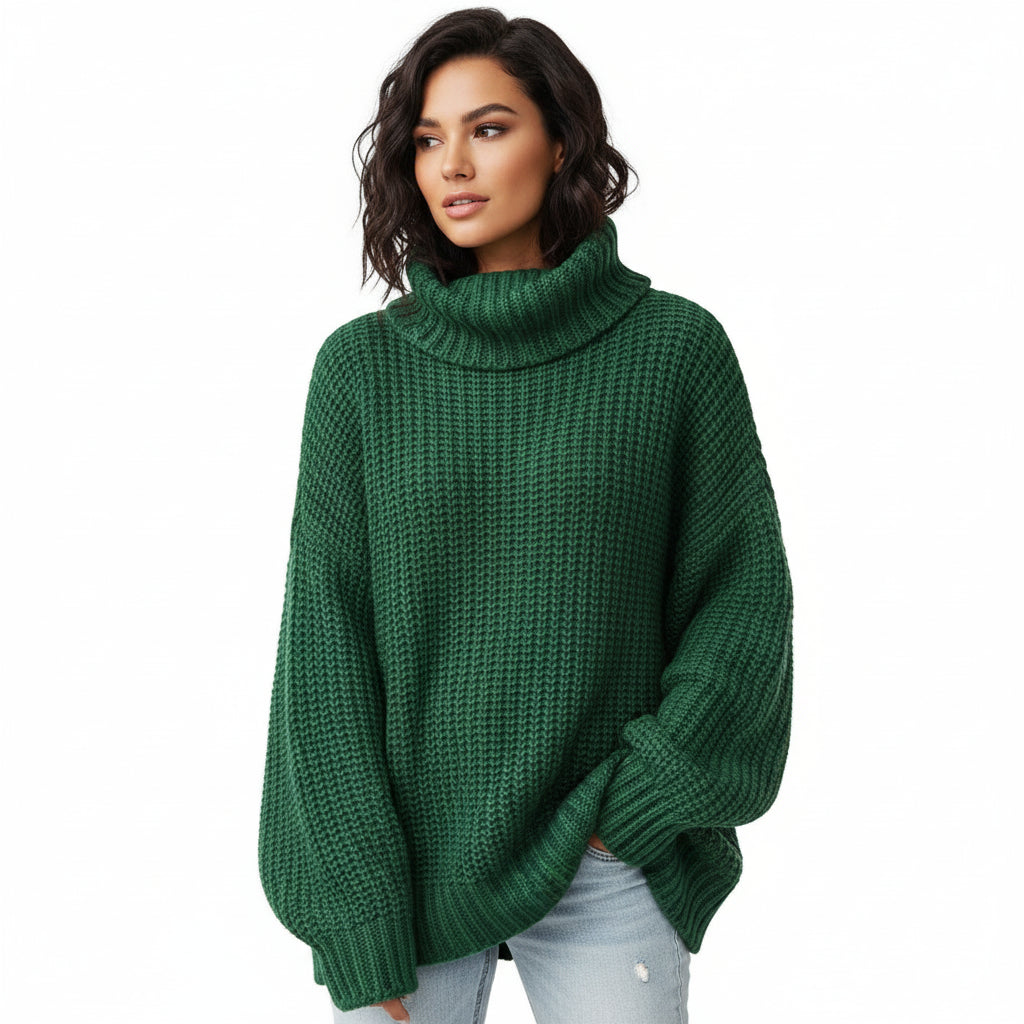 Women's oversized chunky knit sweater in neutral tone, relaxed silhouette with thick textured fabric