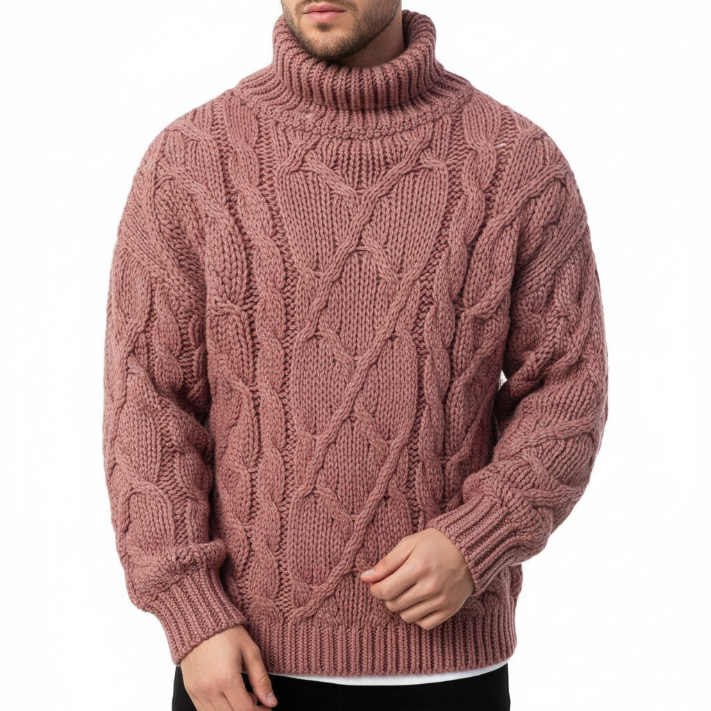 Men's cream cable knit turtleneck sweater relaxed fit with textured weave winter essential