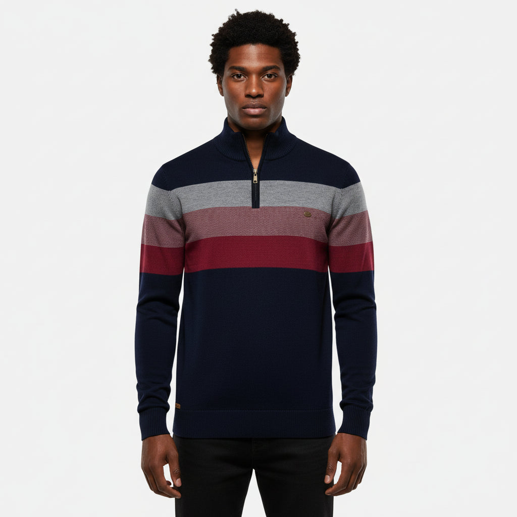 Men's striped quarter-zip mock neck knit sweater, casual to semi-formal warm layer