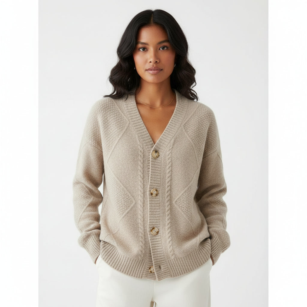 Women's cable knit cardigan V-neck button-front cozy layering essential in classic neutral tone