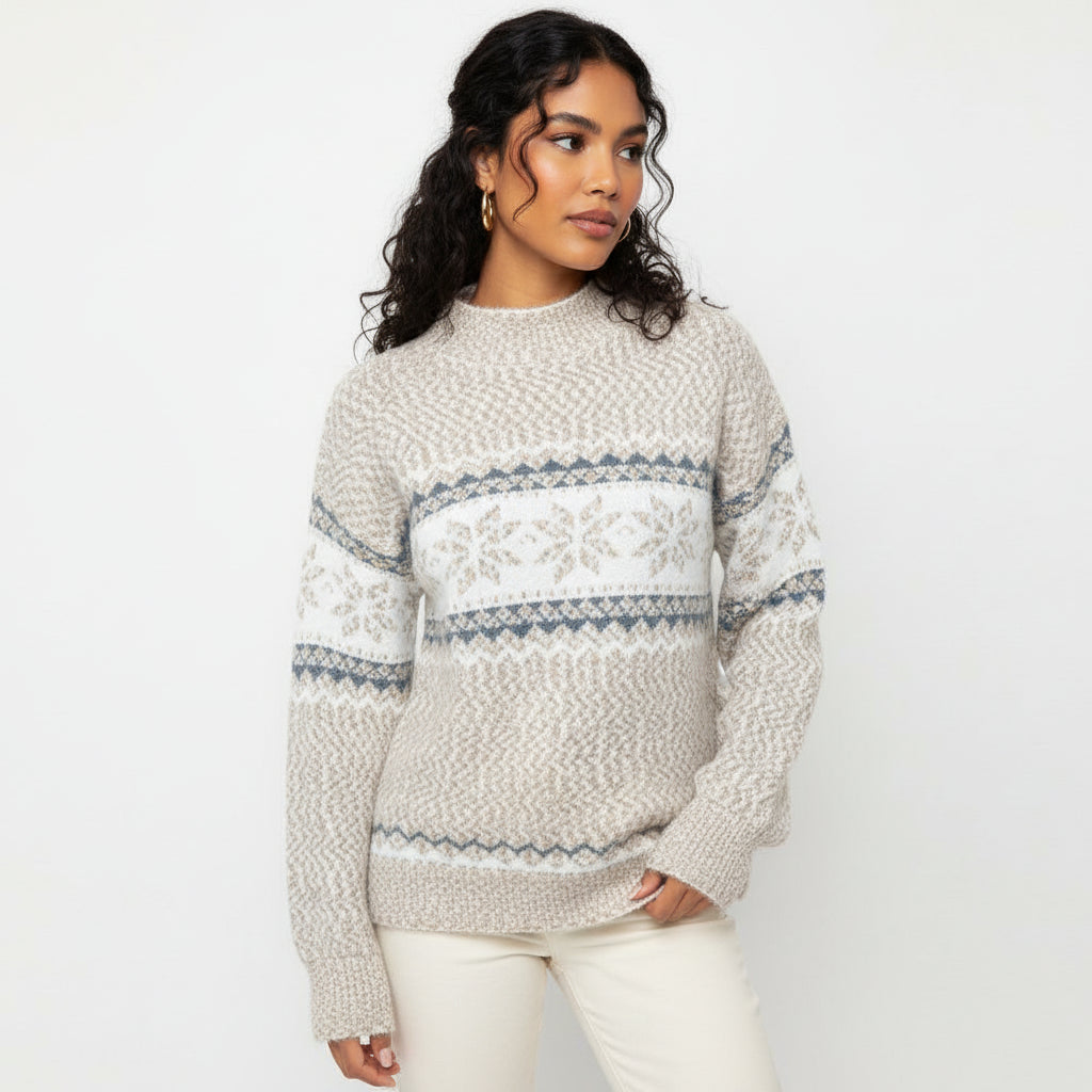 Women's Fair Isle crew neck sweater soft wool blend relaxed fit cozy knit winter essential